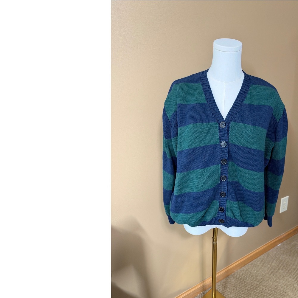 Brandy Melville Cardigan Navy Green Rugby Stripe Oversized V Neck Preppy Y2K